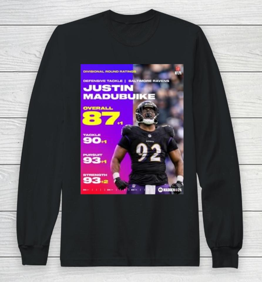 Justin Madubuike Ravens Divisional Round Ratings 87+1 Overall 90+1 Tackele 93+1 Pursuit 93+2 Strength Long Sleeve T-Shirt