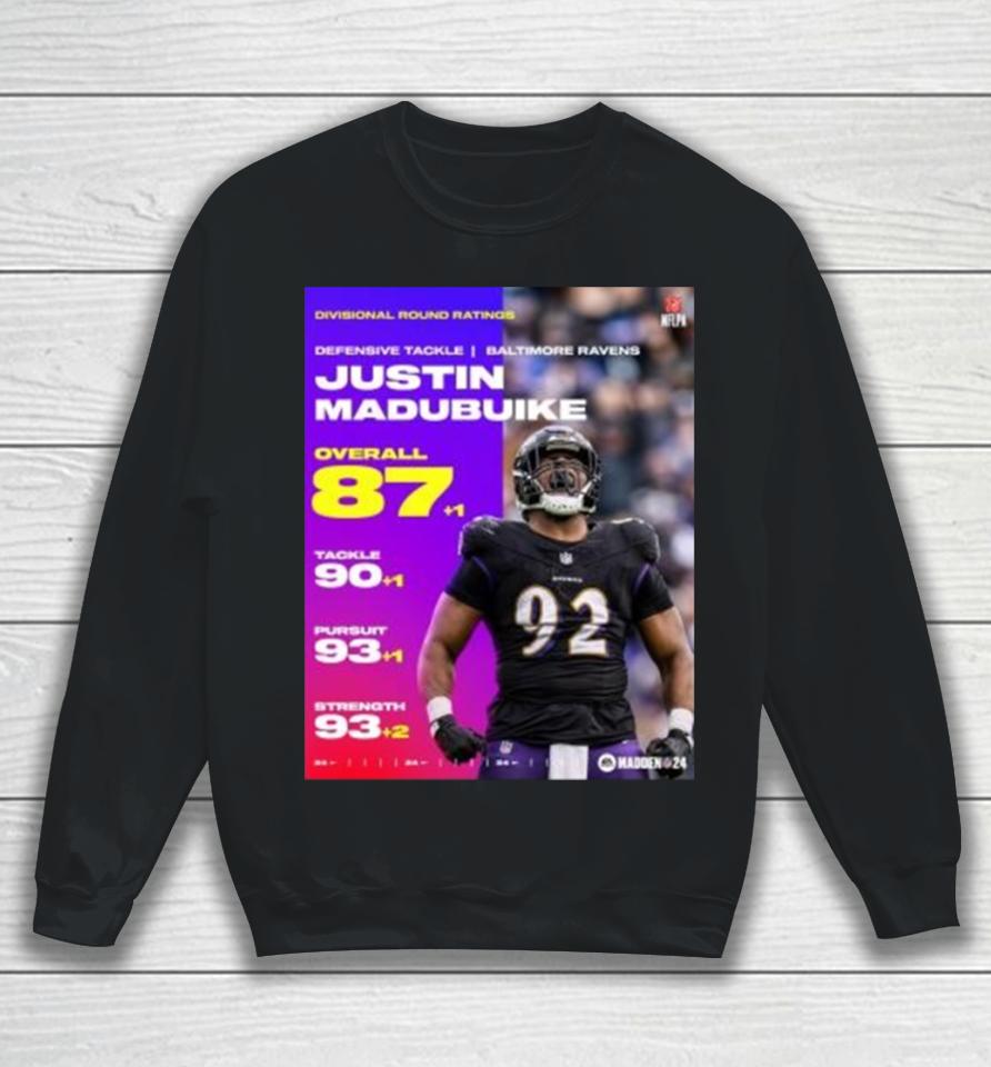 Justin Madubuike Ravens Divisional Round Ratings 87+1 Overall 90+1 Tackele 93+1 Pursuit 93+2 Strength Sweatshirt