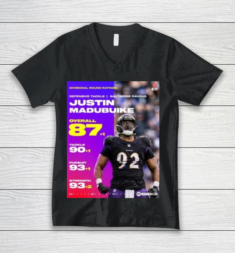 Justin Madubuike Ravens Divisional Round Ratings 87+1 Overall 90+1 Tackele 93+1 Pursuit 93+2 Strength Unisex V-Neck T-Shirt