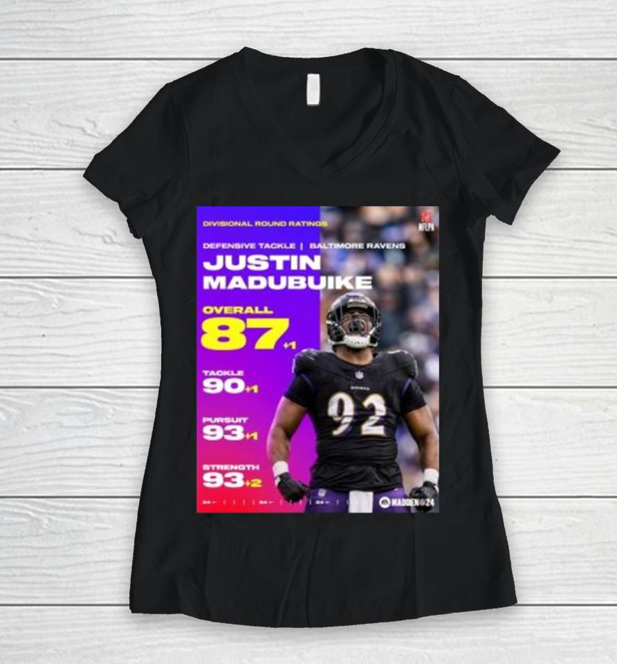 Justin Madubuike Ravens Divisional Round Ratings 87+1 Overall 90+1 Tackele 93+1 Pursuit 93+2 Strength Women V-Neck T-Shirt