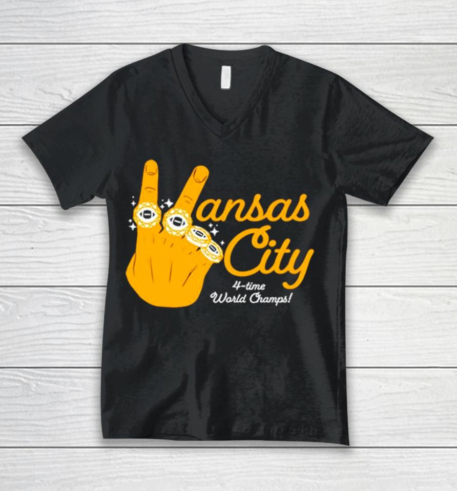 Kansas City 4 Time World Champs Hand Rings Unisex V-Neck T-Shirt