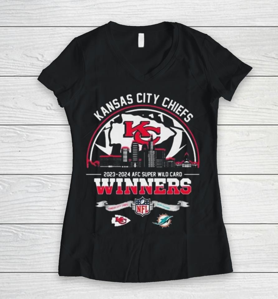 Kansas City Chiefs 2023 2024 Afc Super Wild Card Winners Nfl Playoffs Women V-Neck T-Shirt