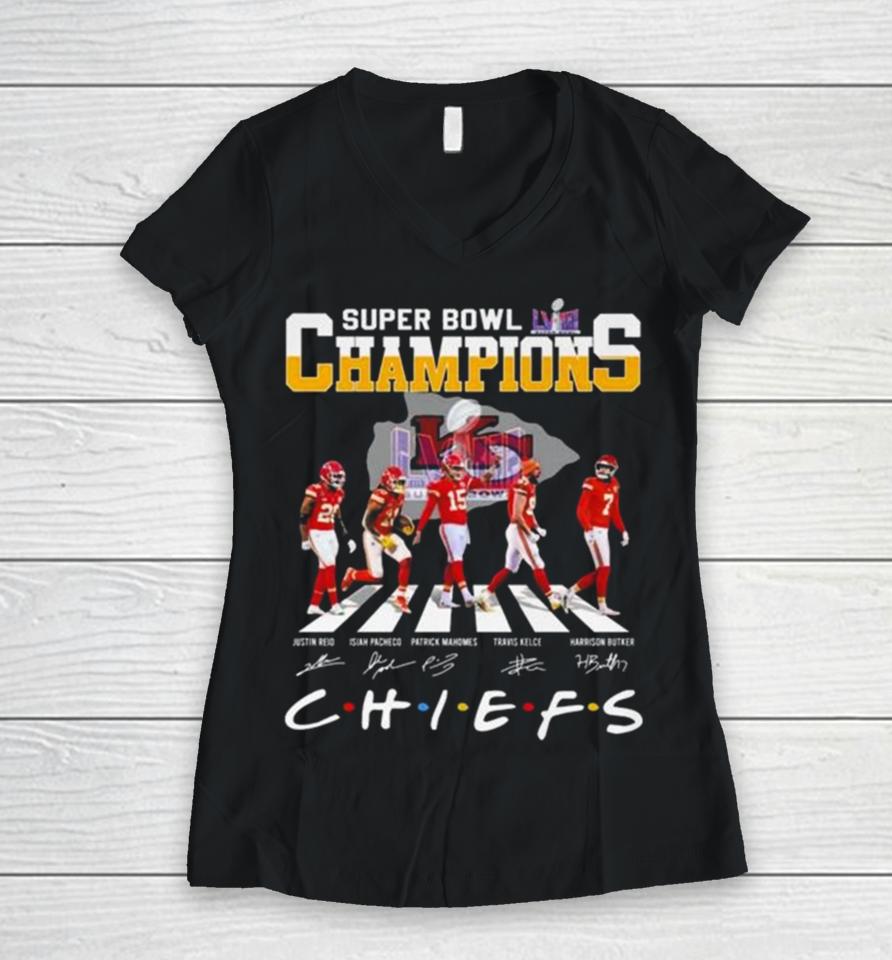 Kansas City Chiefs Abbey Road Super Bowl Lviiii Champions Chiefs Signatures Women V-Neck T-Shirt