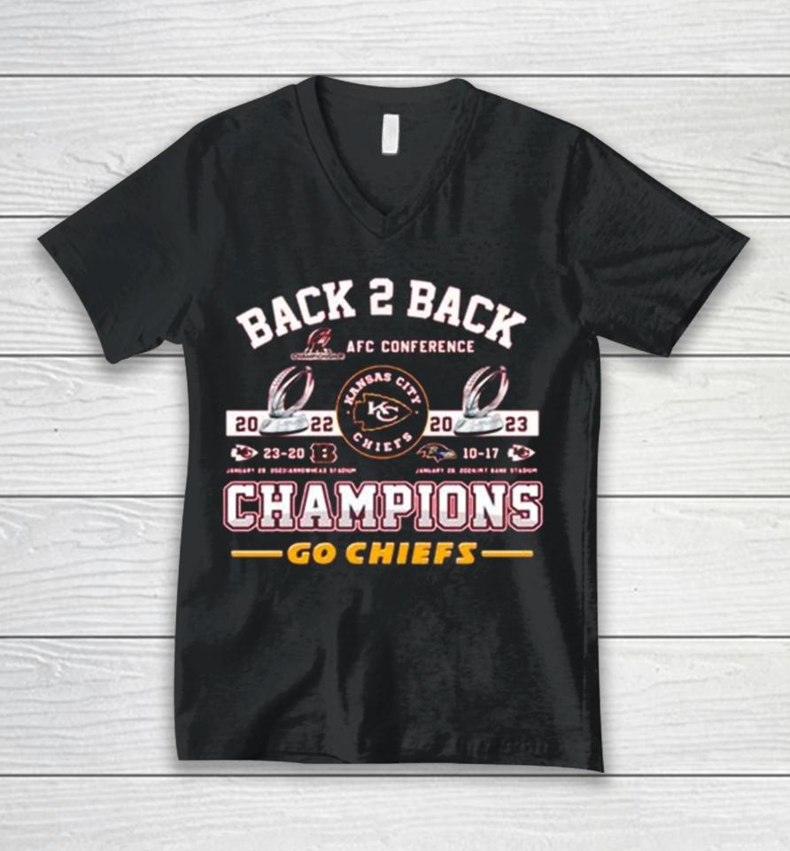 Kansas City Chiefs Back 2 Back 2022 2023 Champions Go Chiefs Unisex V-Neck T-Shirt