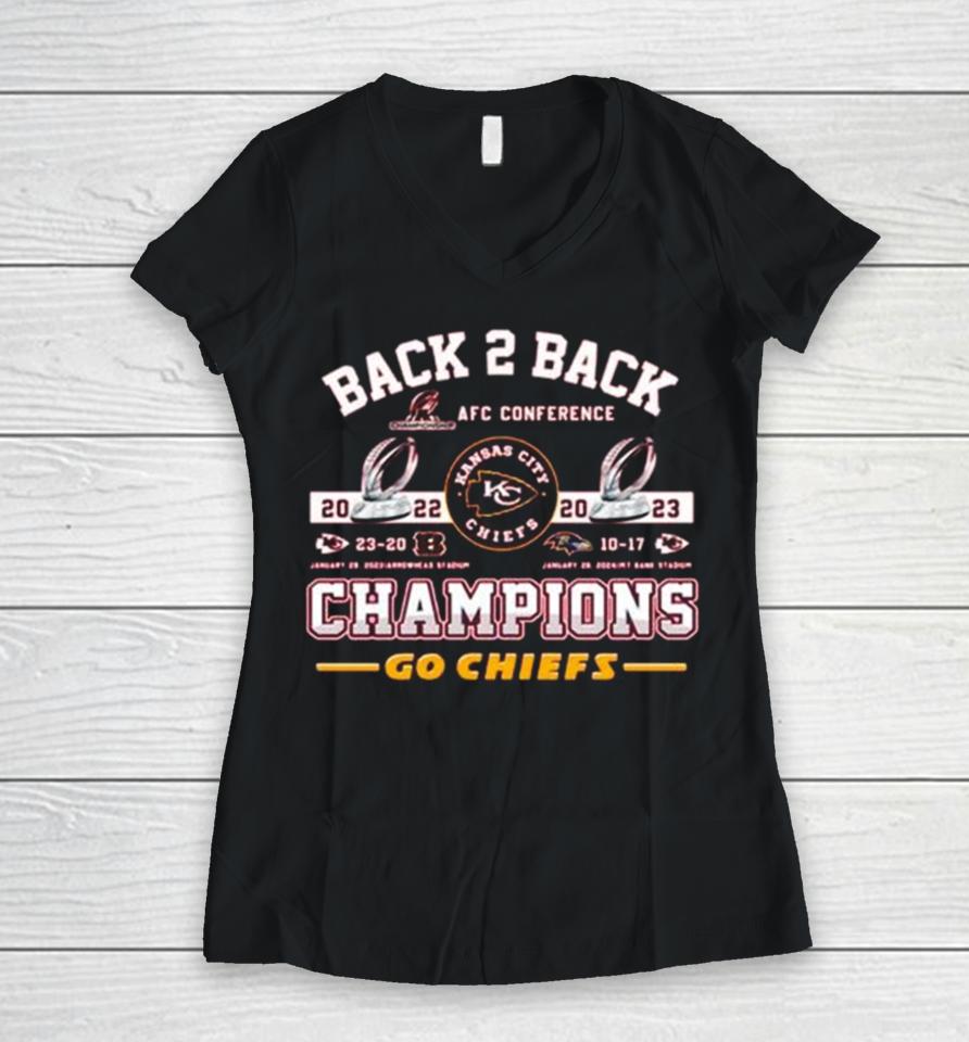 Kansas City Chiefs Back 2 Back 2022 2023 Champions Go Chiefs Women V-Neck T-Shirt