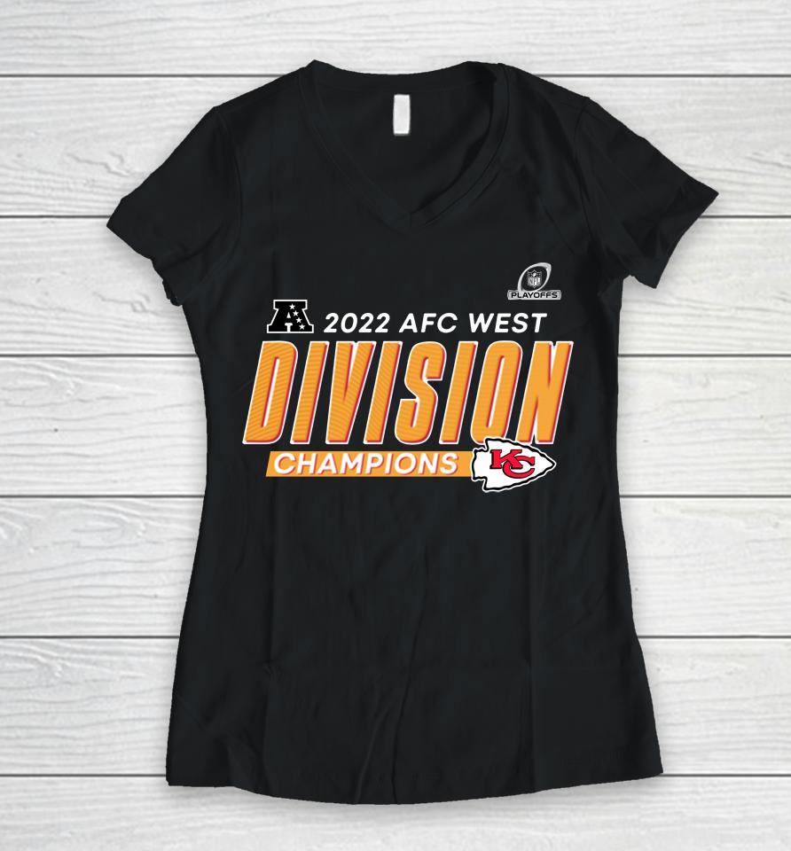 Kansas City Chiefs Black 2022 Afc West Division Champions Locker Room Trophy Collection Women V-Neck T-Shirt