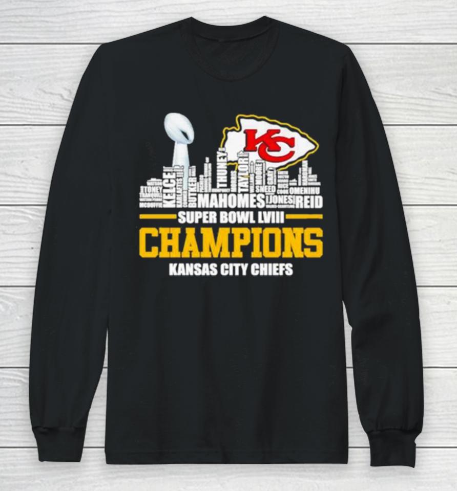 Kansas City Chiefs City Skyline Players Names 2023 2024 Super Bowl Lviii Champions Long Sleeve T-Shirt