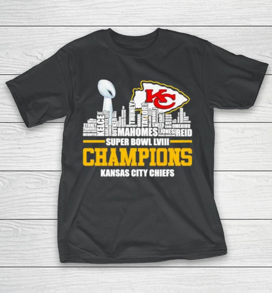 Kansas City Chiefs City Skyline Players Names 2023 2024 Super Bowl Lviii Champions T-Shirt