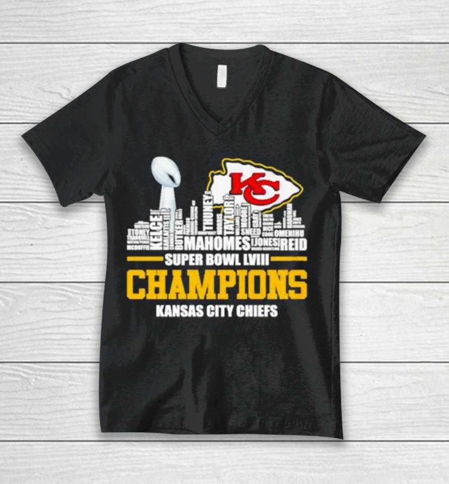 Kansas City Chiefs City Skyline Players Names 2023 2024 Super Bowl Lviii Champions Unisex V-Neck T-Shirt