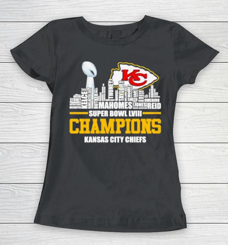 Kansas City Chiefs City Skyline Players Names 2023 2024 Super Bowl Lviii Champions Women T-Shirt