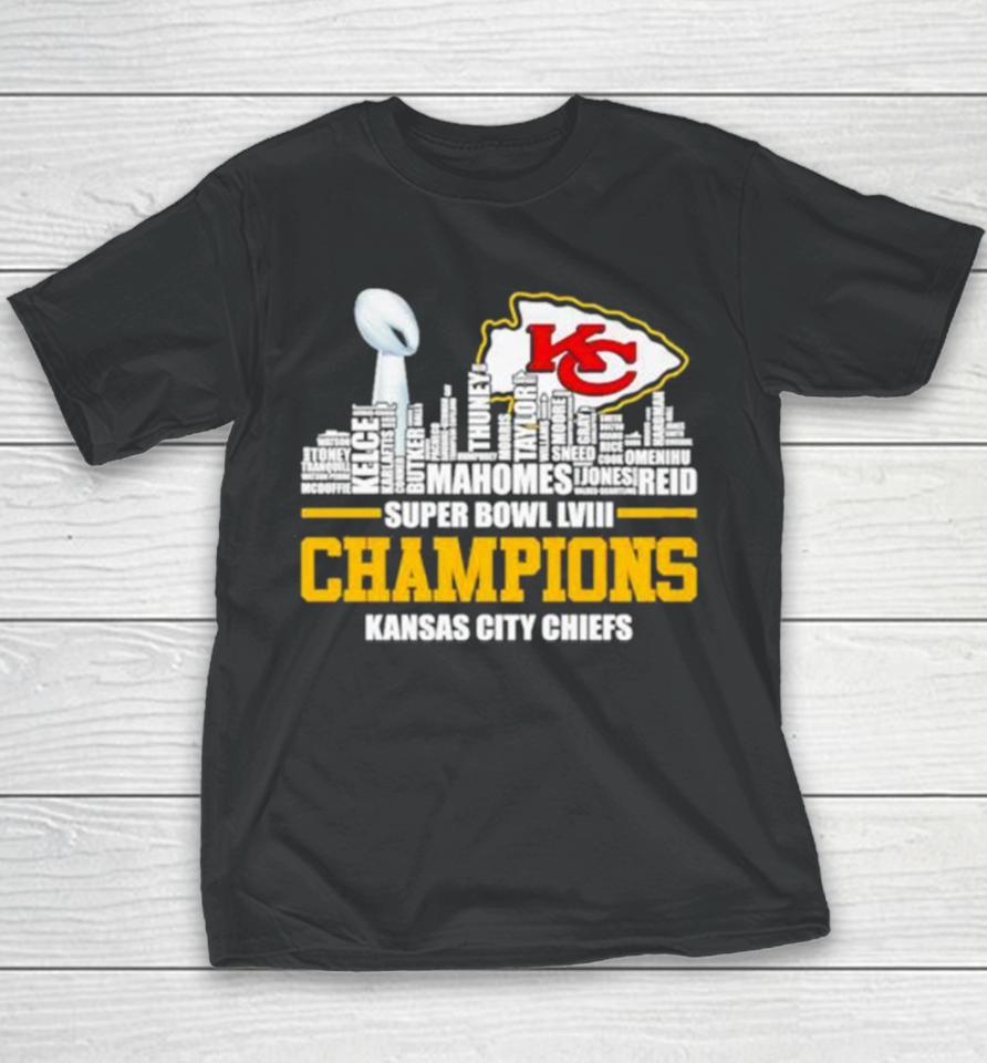Kansas City Chiefs City Skyline Players Names 2023 2024 Super Bowl Lviii Champions Youth T-Shirt