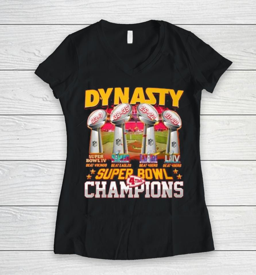 Kansas City Chiefs Dynasty Super Bowl 4 Time Champions Women V-Neck T-Shirt