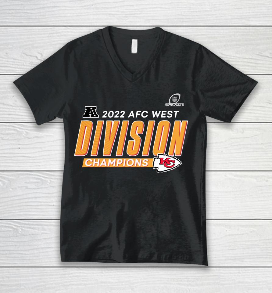 Kansas City Chiefs Fanatics Red 2022 Afc West Division Champions Divide And Conquer Unisex V-Neck T-Shirt