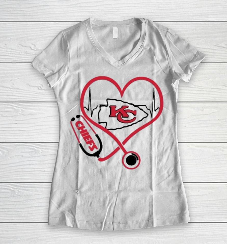 Kansas City Chiefs Heartbeat Nurse Women V-Neck T-Shirt
