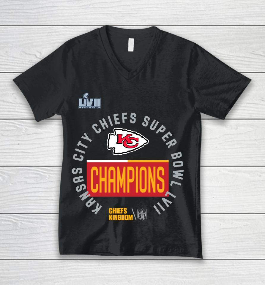 Kansas City Chiefs Kingdom 2023 Super Bowl Lvii Champions Unisex V-Neck T-Shirt