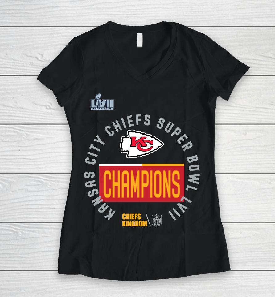 Kansas City Chiefs Kingdom 2023 Super Bowl Lvii Champions Women V-Neck T-Shirt
