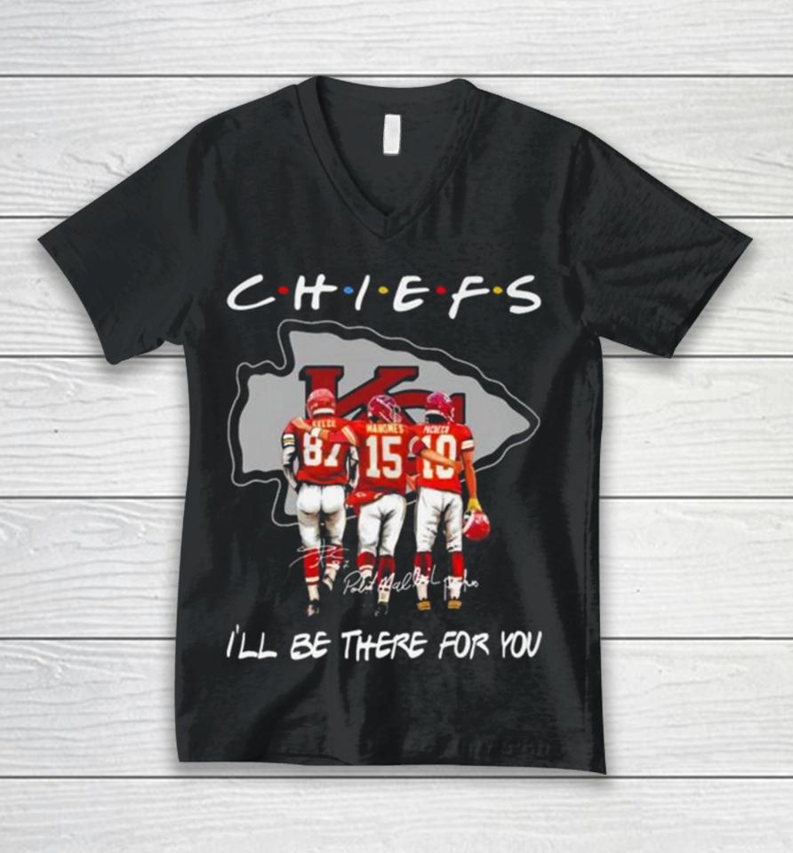 Kansas City Chiefs Travis Kelce Patrick Mahomes And Isiah Pacheco I’ll Be There For You Signatures Unisex V-Neck T-Shirt