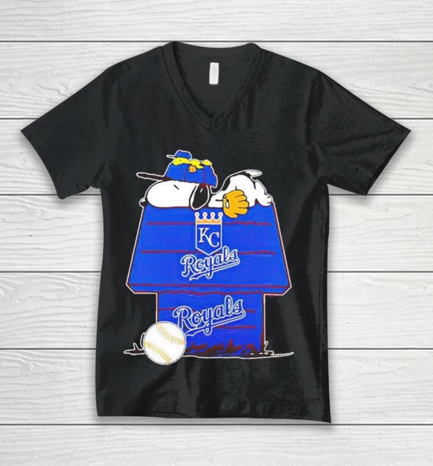 Kansas City Royals Snoopy And Woodstock The Peanuts Baseball Unisex V-Neck T-Shirt