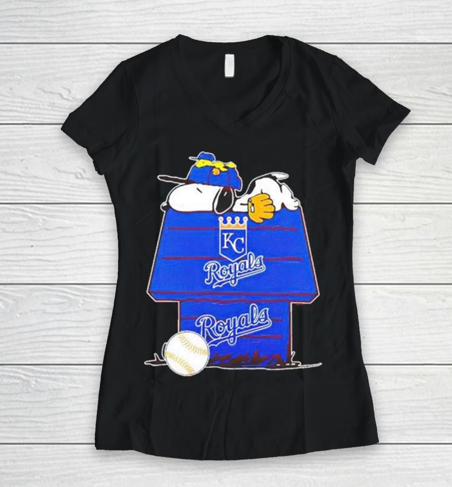 Kansas City Royals Snoopy And Woodstock The Peanuts Baseball Women V-Neck T-Shirt