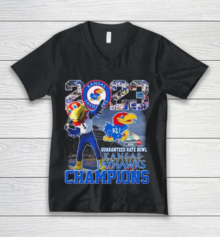 Kansas Jayhawks 2023 Guaranteed Rate Bowl Champions Mascot Unisex V-Neck T-Shirt