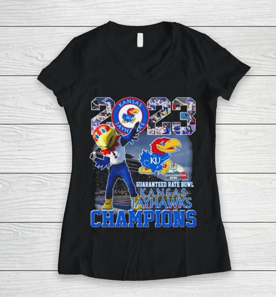 Kansas Jayhawks 2023 Guaranteed Rate Bowl Champions Mascot Women V-Neck T-Shirt