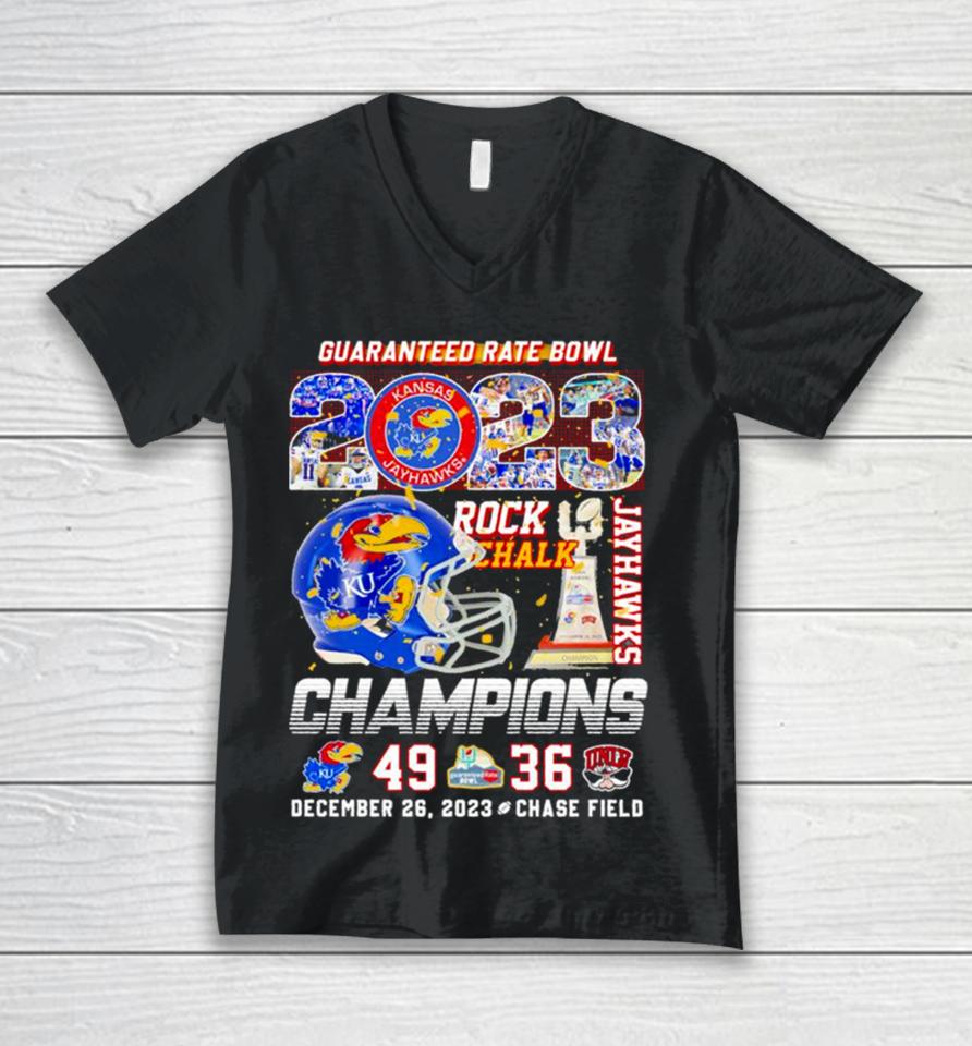 Kansas Jayhawks 2023 Guaranteed Rate Bowl Champions Victory Unlv 49 36 Helmet Unisex V-Neck T-Shirt