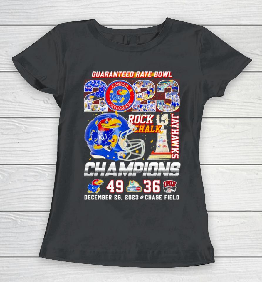 Kansas Jayhawks 2023 Guaranteed Rate Bowl Champions Victory Unlv 49 36 Helmet Women T-Shirt