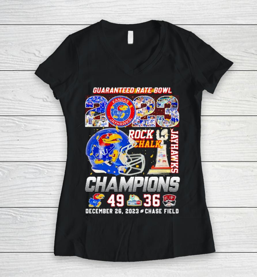 Kansas Jayhawks 2023 Guaranteed Rate Bowl Champions Victory Unlv 49 36 Helmet Women V-Neck T-Shirt