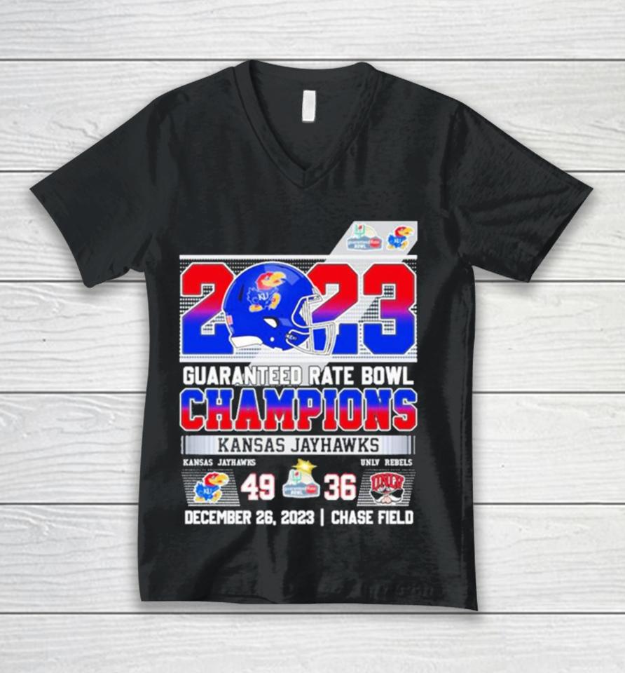 Kansas Jayhawks 2023 Guaranteed Rate Bowl Champions Victory Unlv Rebels 49 36 Unisex V-Neck T-Shirt