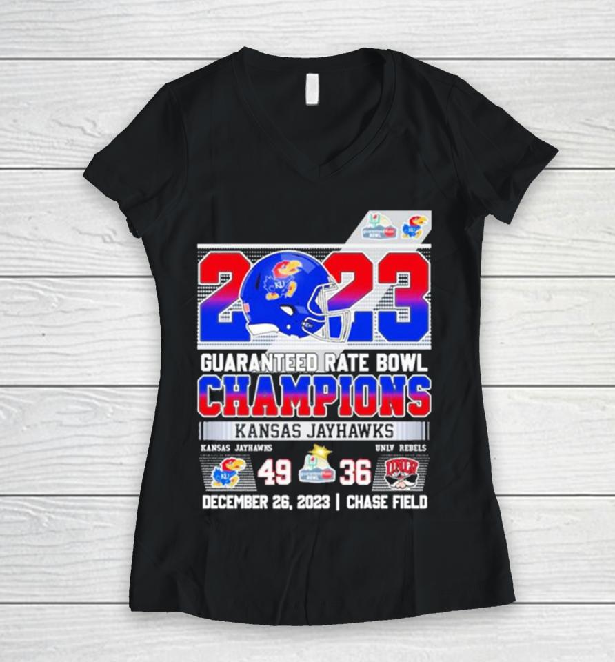 Kansas Jayhawks 2023 Guaranteed Rate Bowl Champions Victory Unlv Rebels 49 36 Women V-Neck T-Shirt