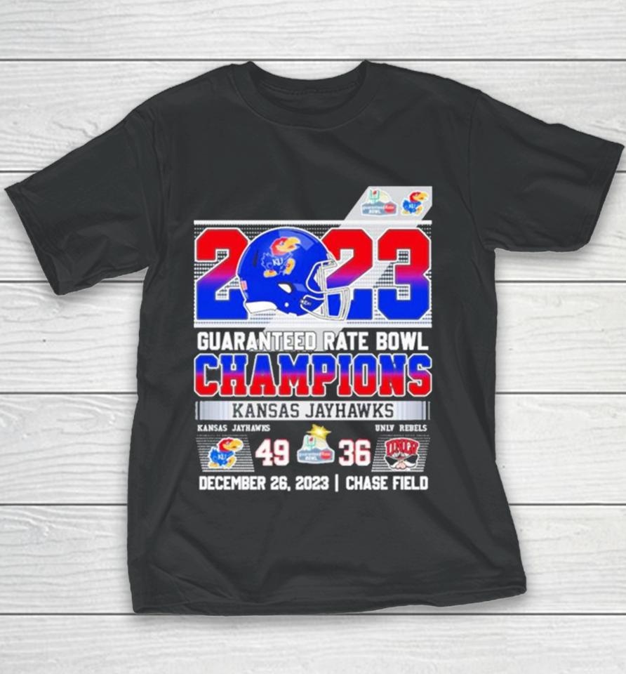 Kansas Jayhawks 2023 Guaranteed Rate Bowl Champions Victory Unlv Rebels 49 36 Youth T-Shirt