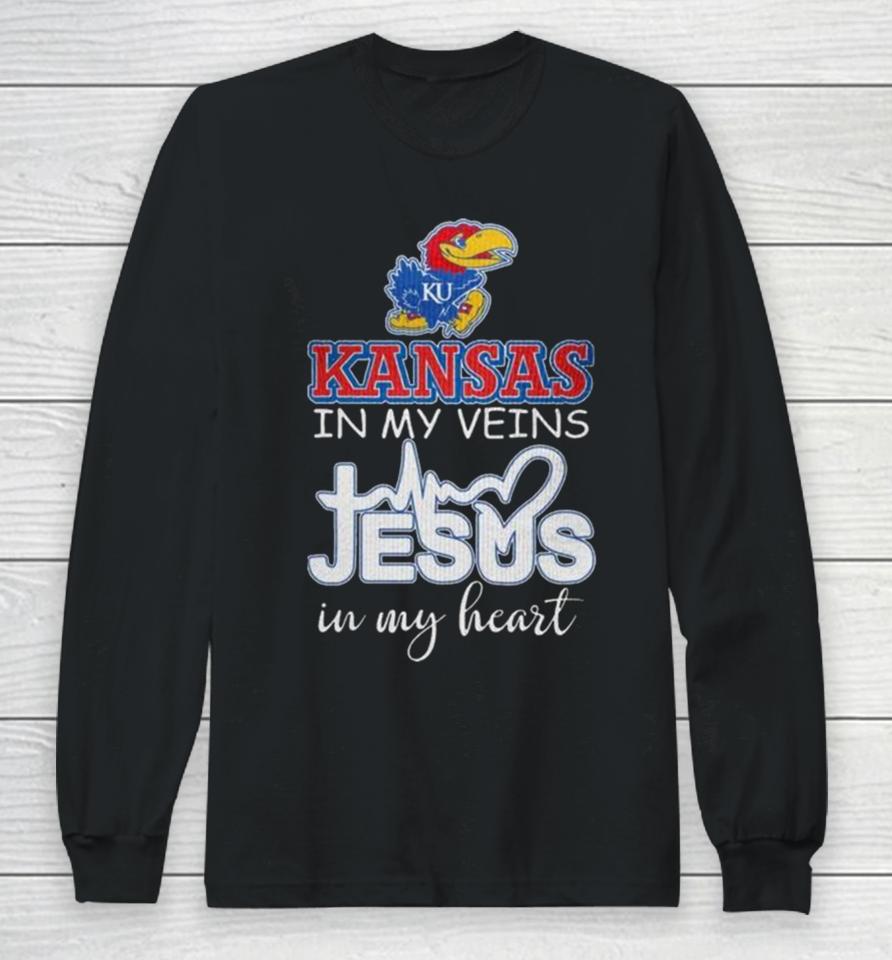 Kansas Jayhawks 2024 In My Veins Jesus In My Heart Long Sleeve T-Shirt
