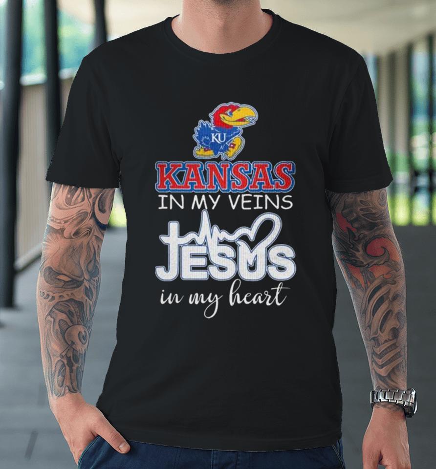 Kansas Jayhawks 2024 In My Veins Jesus In My Heart Premium T-Shirt