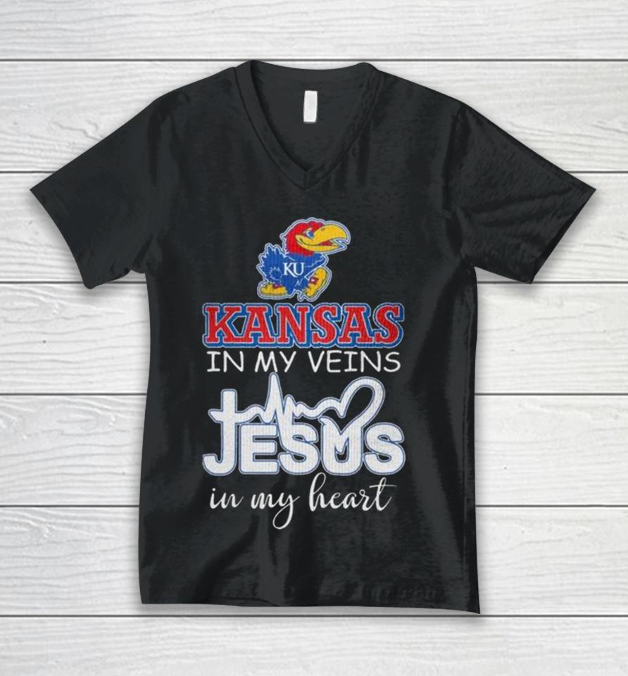 Kansas Jayhawks 2024 In My Veins Jesus In My Heart Unisex V-Neck T-Shirt