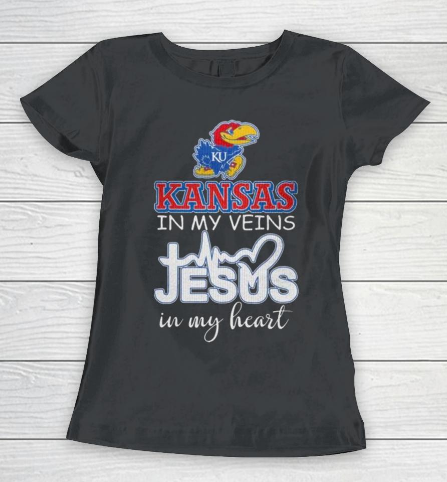 Kansas Jayhawks 2024 In My Veins Jesus In My Heart Women T-Shirt