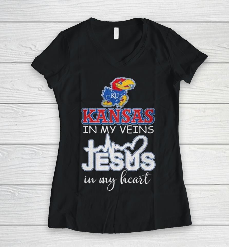 Kansas Jayhawks 2024 In My Veins Jesus In My Heart Women V-Neck T-Shirt