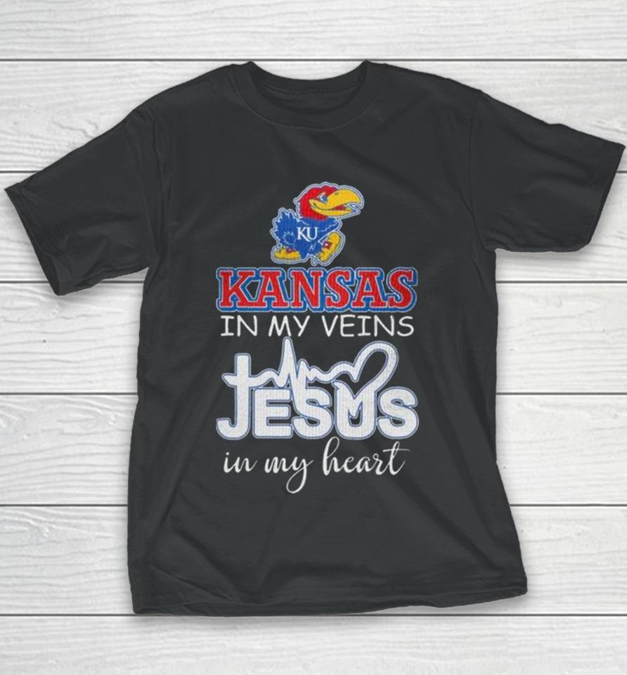 Kansas Jayhawks 2024 In My Veins Jesus In My Heart Youth T-Shirt