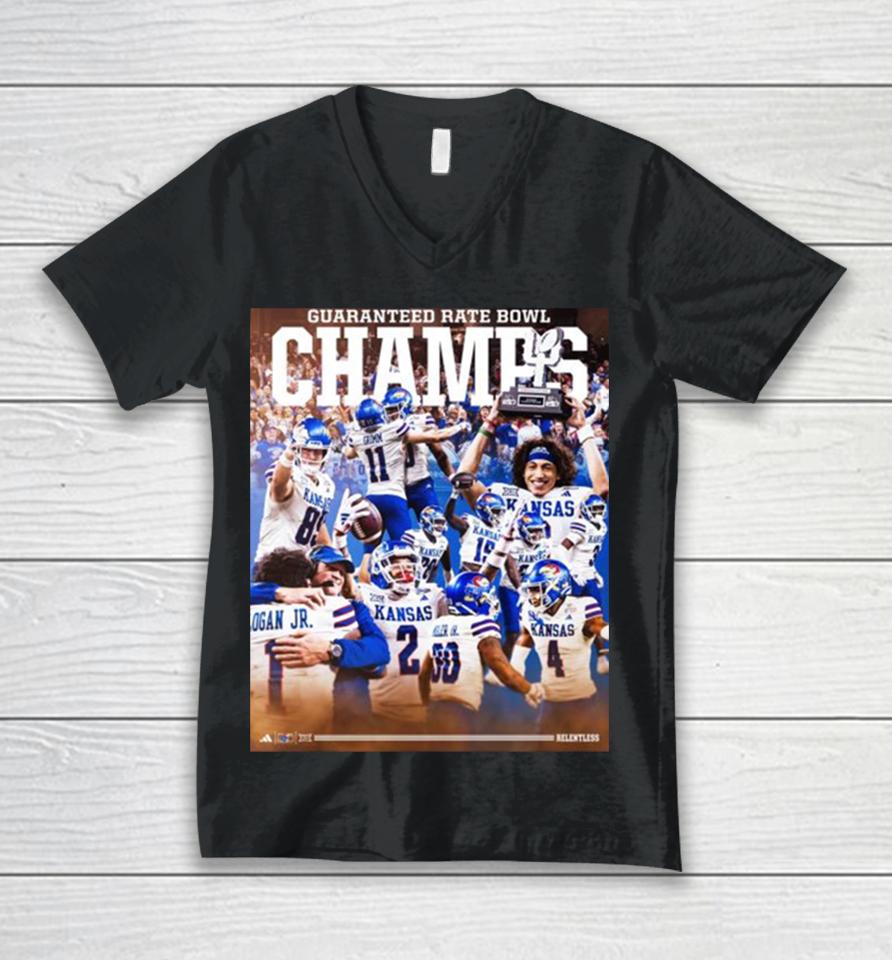 Kansas Jayhawks And Rock Chalk 2023 Guaranteed Rate Bowl Champions Unisex V-Neck T-Shirt
