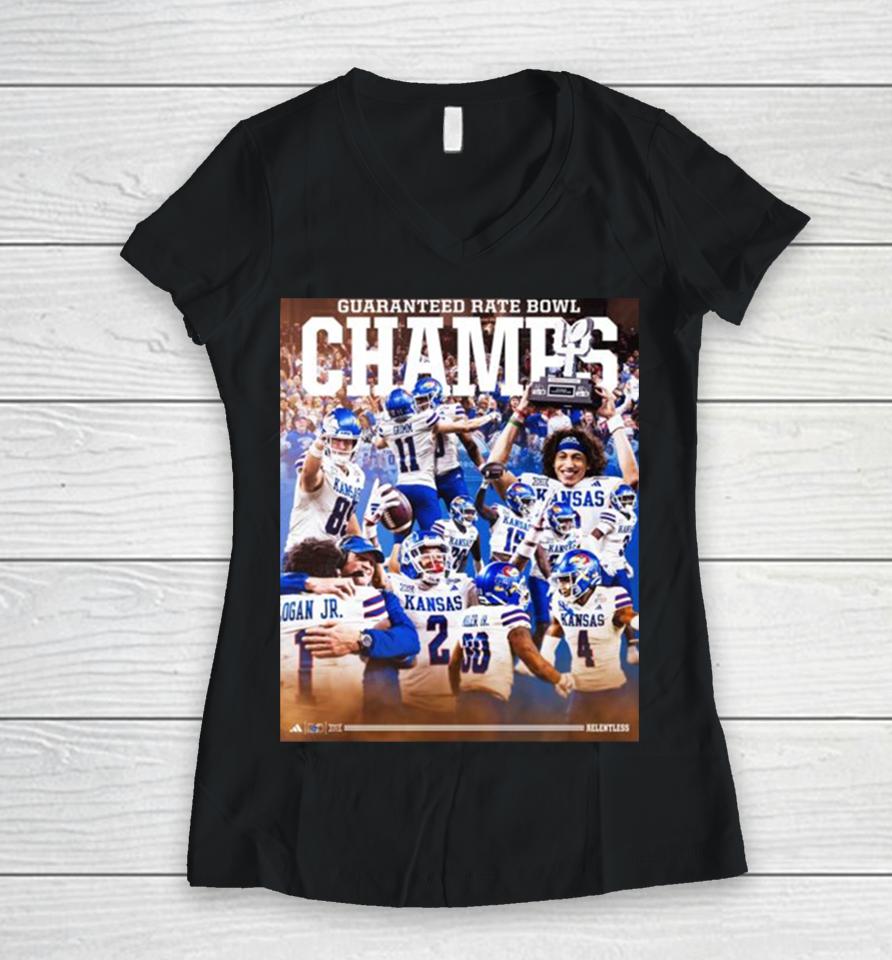 Kansas Jayhawks And Rock Chalk 2023 Guaranteed Rate Bowl Champions Women V-Neck T-Shirt