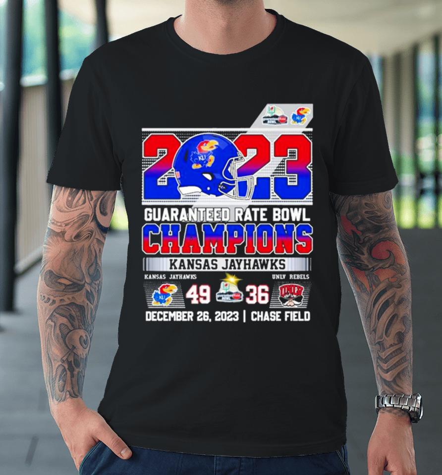 Kansas Jayhawks Guaranteed 2023 Rate Bowl Champions Rock Chalk 49 36 Unlv Rebels Premium T-Shirt