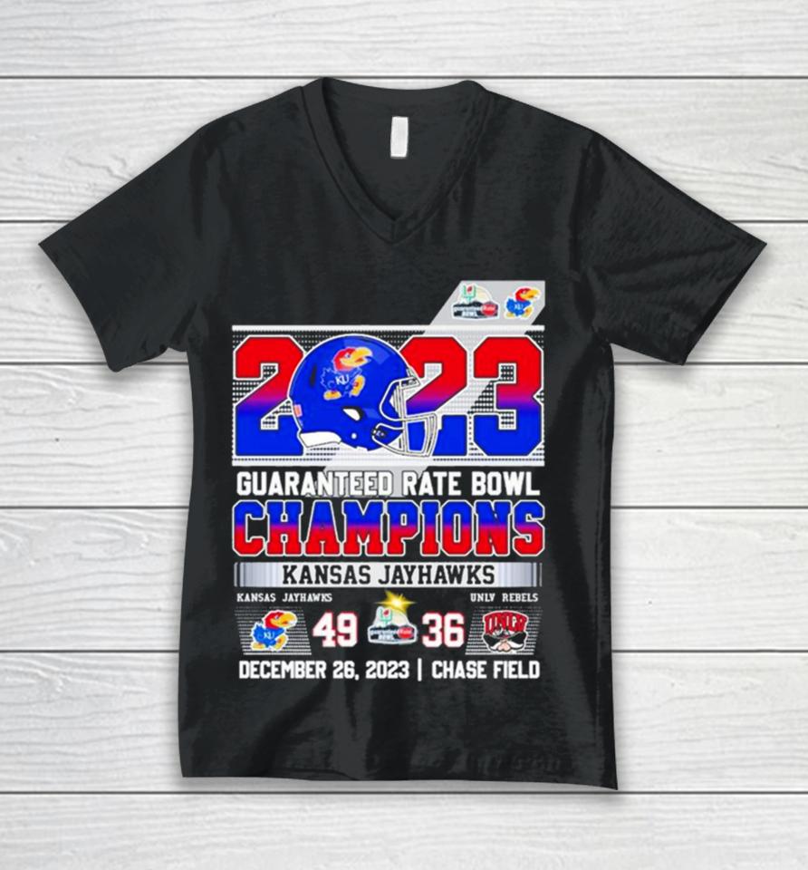 Kansas Jayhawks Guaranteed 2023 Rate Bowl Champions Rock Chalk 49 36 Unlv Rebels Unisex V-Neck T-Shirt