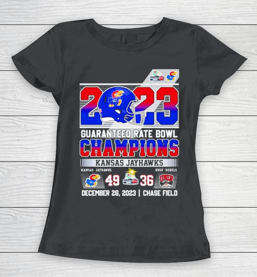 Kansas Jayhawks Guaranteed 2023 Rate Bowl Champions Rock Chalk 49 36 Unlv Rebels Women T-Shirt