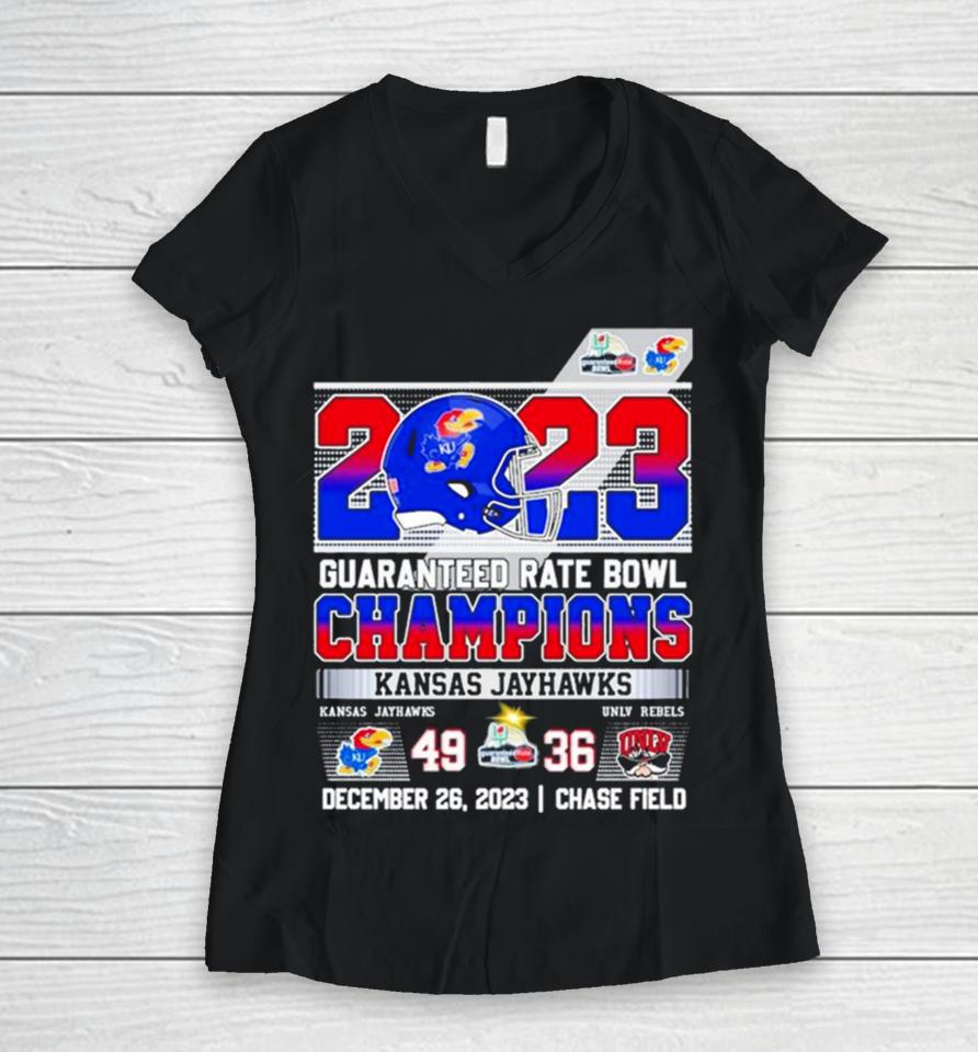 Kansas Jayhawks Guaranteed 2023 Rate Bowl Champions Rock Chalk 49 36 Unlv Rebels Women V-Neck T-Shirt