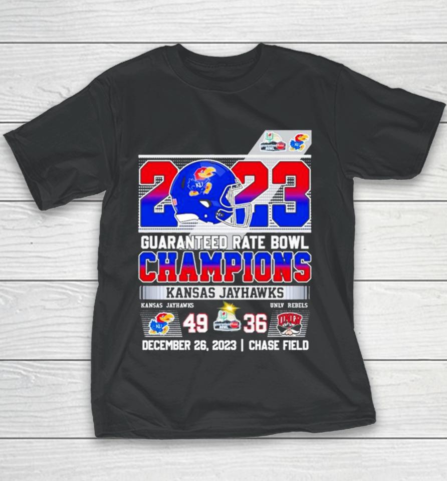 Kansas Jayhawks Guaranteed 2023 Rate Bowl Champions Rock Chalk 49 36 Unlv Rebels Youth T-Shirt