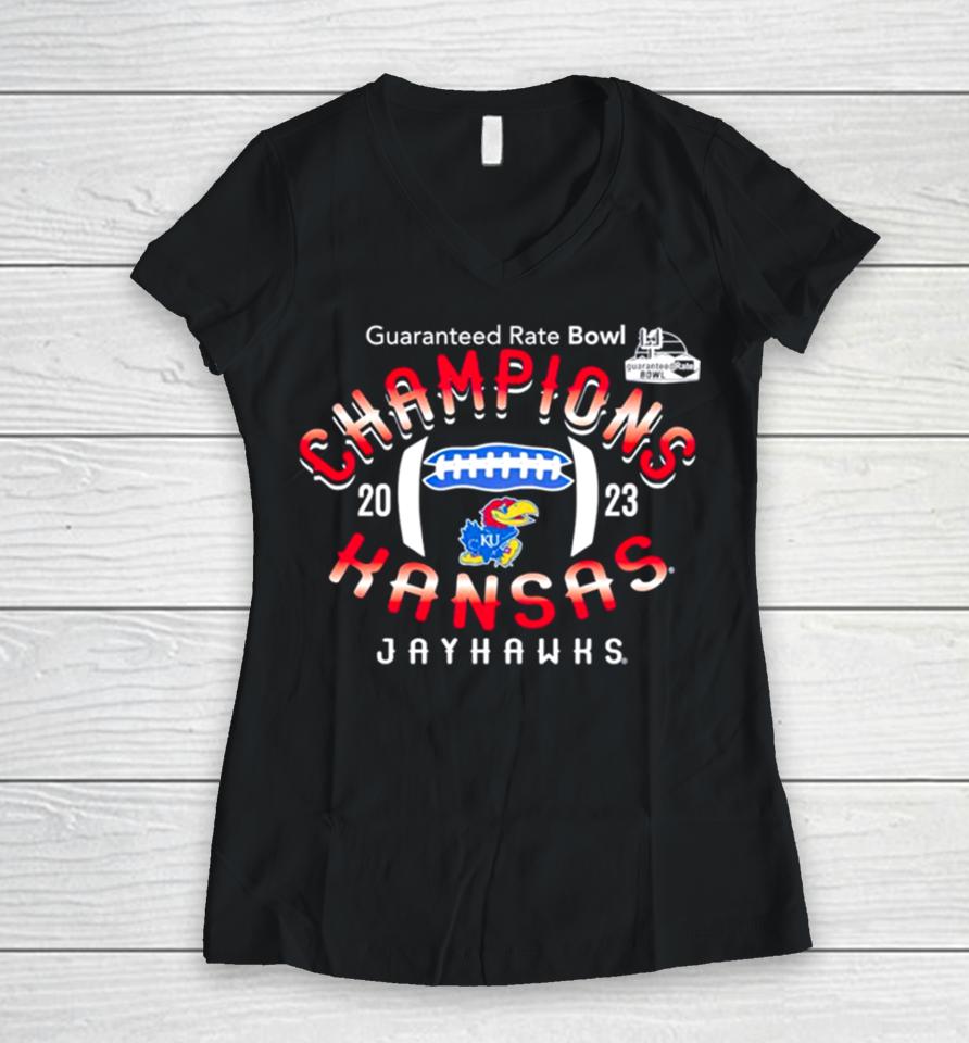 Kansas Jayhawks Guaranteed Rate Bowl Champions 2023 Women V-Neck T-Shirt