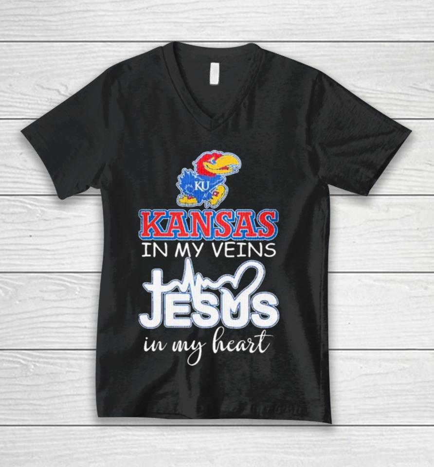 Kansas Jayhawks In My Veins Jesus In My Heart 2024 Unisex V-Neck T-Shirt