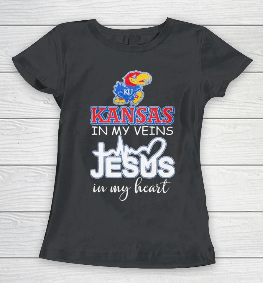 Kansas Jayhawks In My Veins Jesus In My Heart 2024 Women T-Shirt