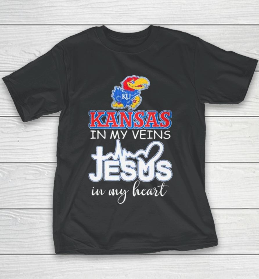 Kansas Jayhawks In My Veins Jesus In My Heart 2024 Youth T-Shirt