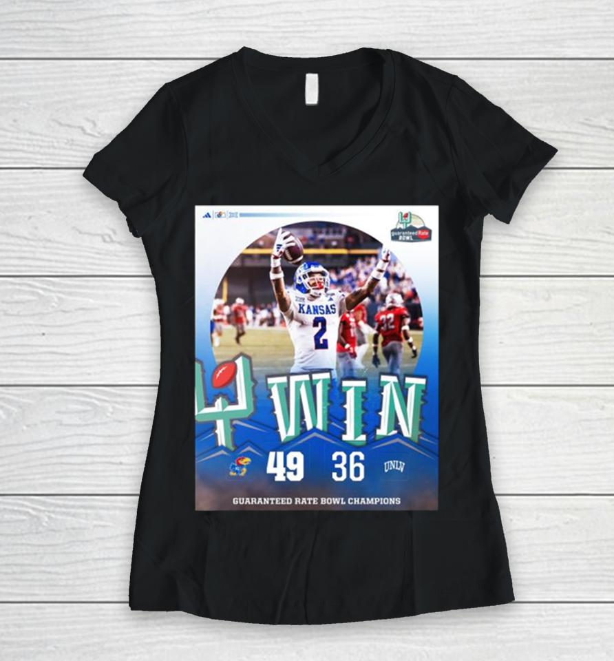 Kansas Jayhawks Win 49 36 Unlv Football 2023 Guaranteed Rate Bowl Champions Final Score Women V-Neck T-Shirt
