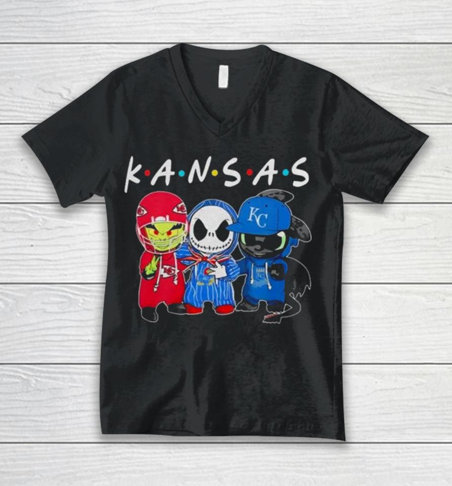 Kansas Sports Teams Jack Skellington X Grinch And Toothless Dragon Unisex V-Neck T-Shirt